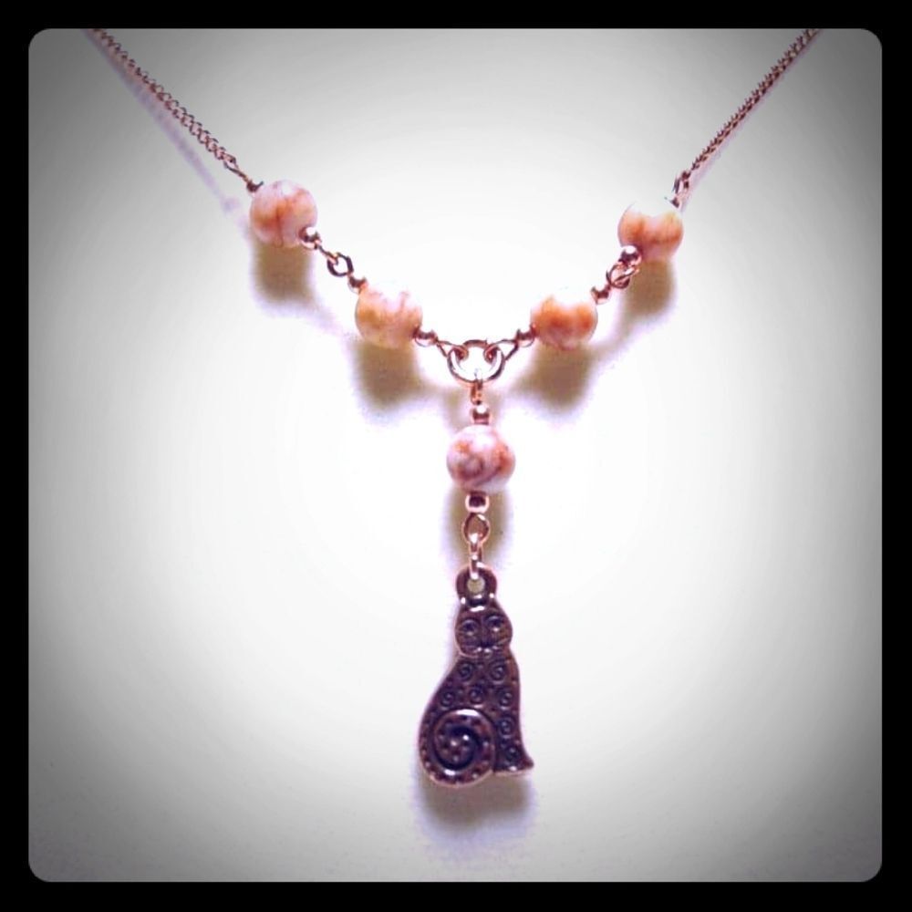 🐈Handmade Red Line Marble & Copper Swirl Cat "Y" Necklace Cat Lover